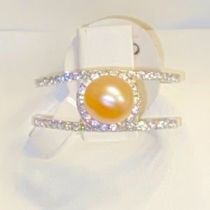 7mm Cultured Champagne Pearl with Faux Diamond Halo and Band - Size 8
